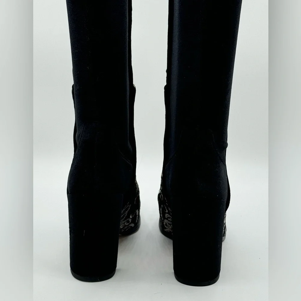 NWT Stuart Weitzman Black Alljil Knee High Sequin-embroidered Velvet Boots Sz 6